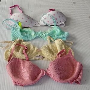 Lot Of 4 Victoria Secret Lace & Polka Dot Bras Pink Yellow Green SZ 34B & 34C